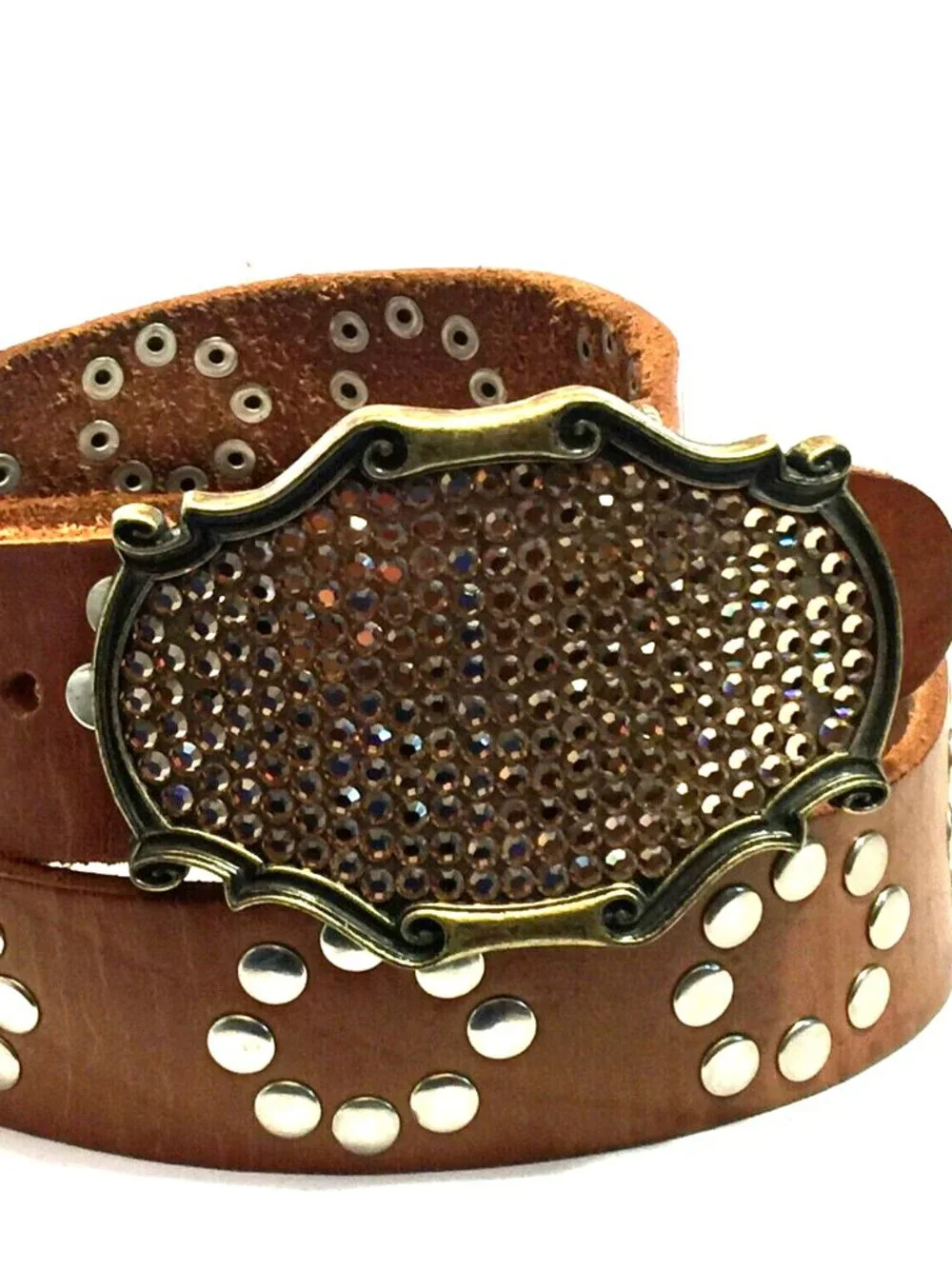 VINTAGE BROWN LEATHER STUDDED RHINESTONE BUCKLE WESTERN RODEO BELT WOMENS 34